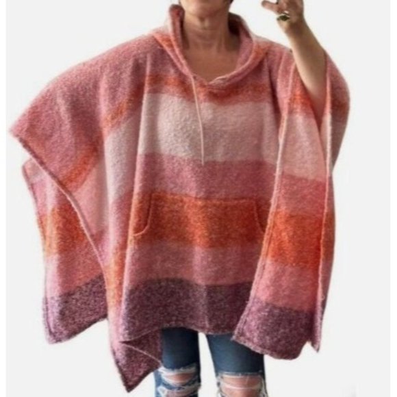 Time & Tru Women’s Alpine Poncho w/ Hood Pink Orange Purple Stripes Shawl Medium - Picture 3 of 7